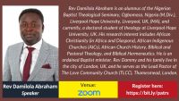 ATW and PATR Public Lecture: "Christ in African Indigenous Churches: A Case Study of The Celestial Church of Christ," by Rev. Damilola Abraham